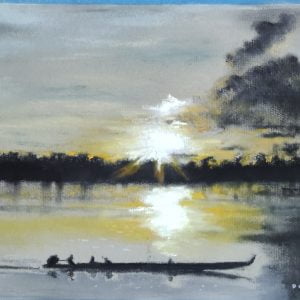 Départ au crépuscule d’une pirogue sur le Maroni